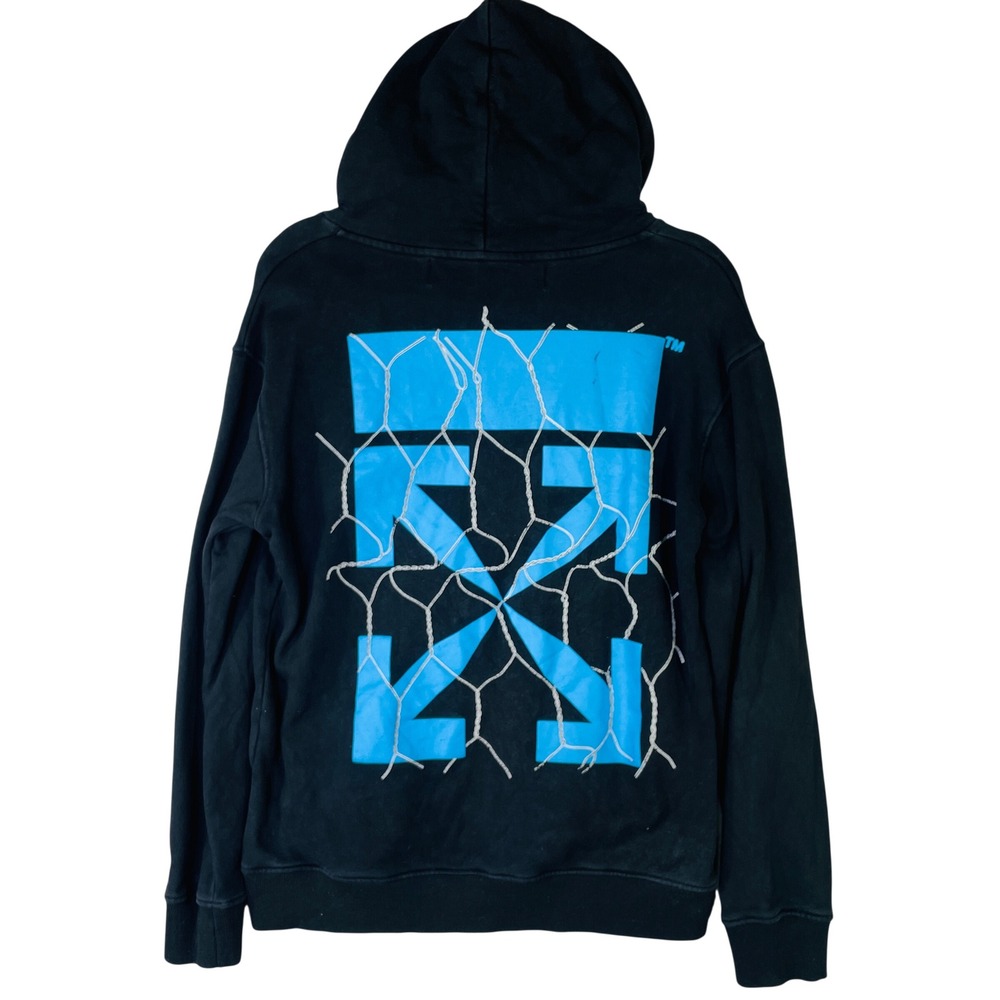 Off-White c/o Virgil Abloh Black Blue Fence Arrow Graphic Hoodie Mens Medium